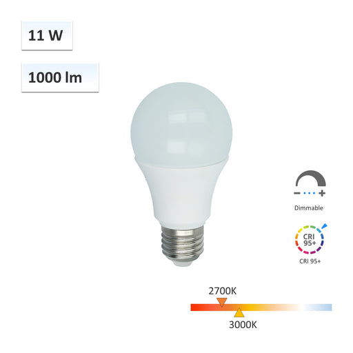 CRI-MAX™ CRI 95+ A19 Dimmable E26 120V 11W LED Bulb 2700K 3000K